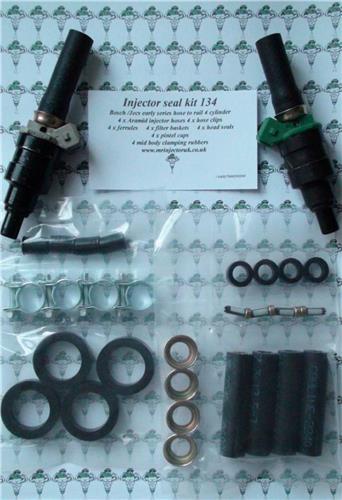 Hose and parts kit for petrol fuel injectors containing high pressure reinforced Aramid fuel hose, clamps, ferrules etc