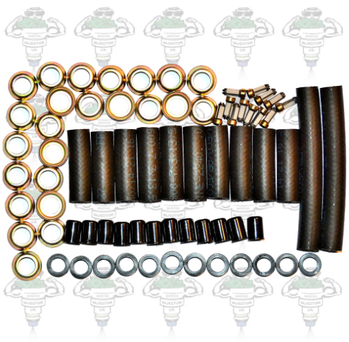 Hose and parts kit for petrol fuel injectors containing high pressure reinforced Aramid fuel hose, clamps, ferrules etc